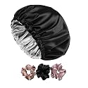 SIMMI Silk Hair Cap for Sleeping With 3 Satin Scrunchies - Adjustable Bonnet for Curly Hair (Black)