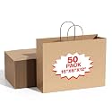 Simple Deluxe 50 Pack 16x6x12 Inch Kraft Paper Bags with Handles - 25 Lb Capacity, 100% Recycled (Premium 100GSM) Natural Brown for Retail &amp; Gift Packaging, Made in USA