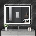 Simple Deluxe LED Bathroom Mirror 32x40 Inch Tempered Glass - Frameless LED Backlit Lighted Mirror for Bathroom Vanity with Anti-Fog, 3 Colors Dimmable, Memory Function, Wall-Mounted