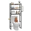 Simple Trending Over The Toilet Storage Rack with Toilet Paper Holder, Heavy Duty Metal 3 Tier Bathroom Organizer Shelf with 3 Hooks,Black