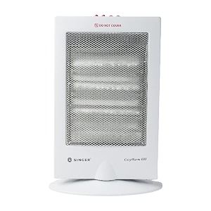 singer halogen heater cozy warm  3 heat settings 400w800w1200w  plastic body  white  safety tip-over switch  1200w maximum power  fast heating  1-year warranty