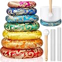 Singing Bowl Cushion Set, 7 Silk Rings &amp; 3 Mallets, 6-12", Rainbow
