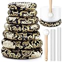 Singing Bowl Cushion Set, 7 Silk Rings & 3 Mallets, 6-12", Black Gold