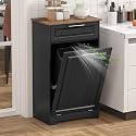 Single 10 Gallon Tilt Out Trash Can Cabinet with Deodorizing Function, Wooden Hidden Garbage Can Holder with Storage Drawers for Kitchen and Dining Room, Laundry Hamper Cabinet for Bathroom, Black