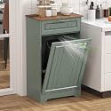 Single 10 Gallon Tilt Out Trash Can Cabinet with Deodorizing Function, Wooden Hidden Garbage Can Holder with Storage Drawers for Kitchen and Dining Room, Laundry Hamper Cabinet for Bathroom, Green