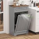 Single 10 Gallon Tilt Out Trash Can Cabinet with Deodorizing Function, Wooden Hidden Garbage Can Holder with Storage Drawers for Kitchen and Dining Room, Laundry Hamper Cabinet for Bathroom, Grey