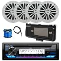 Single DIN Marine Bluetooth Stereo CD Receiver, Radio Cover, 4x 6.5" 180 Watt Max White Boat Speakers, Antenna, 16 Gauge 50 Feet Speaker Wire