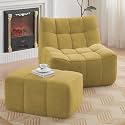 Single Seated Bean Bag Chair with Ottoman, Comfy Lounge Chair with High-Rebound Memory Foam, Upholstered Accent Chair Lazy Sofa for Living Room, Bedroom, Apartment, Yellow