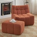 Single Seated Bean Bag Chair with Ottoman, Comfy Lounge Chair with High-Rebound Memory Foam, Upholstered Accent Chair Lazy Sofa for Living Room, Bedroom, Apartment (Orange)
