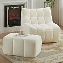 Single Seated Bean Bag Chair with Ottoman, Comfy Lounge Chair with High-Rebound Memory Foam, Upholstered Accent Chair Lazy Sofa for Living Room, Bedroom, Apartment (Cream)