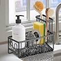 Sinnsally Kitchen Sponge Holder,Sink Caddy Organizer with Brush Holder,Stainless Steel Sink Box Dish Scrubber Holder with Self Drain Tray,Soap Dispenser Kitchen Storage Accessories(1 Tier-Black)