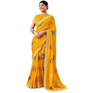 SIRIL Womens Chiffon Bandhani Printed Saree Sequence