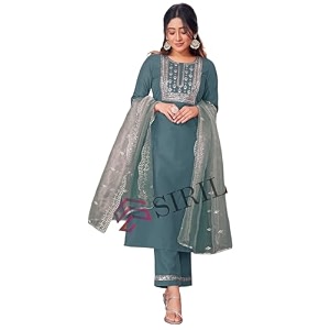 SIRIL Womens Cotton Blend Sequence Embroidery Straight