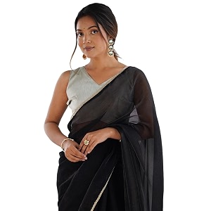 SIRIL Womens Shimmer Chiffon Lace Border Saree