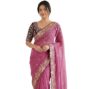 SIRIL Womens Shimmer Georgette Scalloped Border Sequins