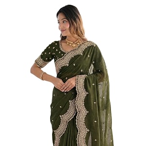 SIRIL Womens Shimmer Georgette Scalloped Border Sequins