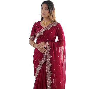 SIRIL Womens Shimmer Georgette Scalloped Border Sequins