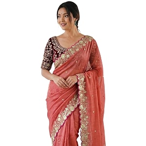 SIRIL Womens Shimmer Georgette Scalloped Border Sequins