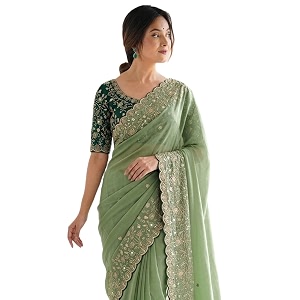 SIRIL Womens Shimmer Georgette Scalloped Border Sequins