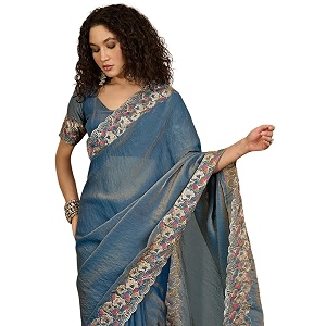 SIRIL Womens Shimmer Georgette Scalloped Border Sequins