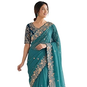 SIRIL Womens Shimmer Georgette Scalloped Border Sequins