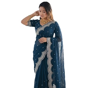 SIRIL Womens Shimmer Georgette Scalloped Border Sequins