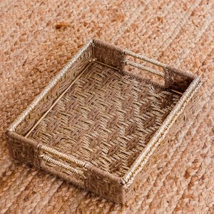 sirohi breakfast jute serving tray  bathroom storage basket  brown and gold  dining table decorative organizer tray 15x12x3 inches-medium