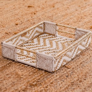 sirohi gold serving tray  handwoven decorative organizer for dining table  luxury bathroom storage basket 15x12x3 inches