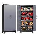 SISESOL 75" Tall Black Gray Metal Storage Cabinet with Wheels and Shelves