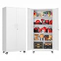 SISESOL 75" Tall White Metal Storage Cabinet with Wheels and Shelves