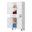 SISESOL Metal Storage Cabinet with Wheels and Drawer,Rolling Garage Cabinet with Doors and Adjustable Shelves,73" Mobile Tall Large Metal Cabinets for Home,Office,Garage,Shop (White)