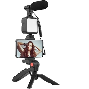vlogging kit for video making mic mini tripod stand led light amp phone holder clip for making videos recording youtube videos podcasting and content creation
