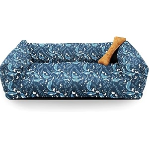 sitsnooze plush lounger dog bed amp cat bed furniture  soft amp cozy pet sofa bed with raised edges  comfortable washable amp durable pet bed for dogs and cats  colour green printed blue 3xl