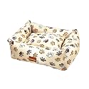 SITSNOOZE Plush Lounger Dog Bed, Cat Beds for Indoor, Orthopedic Pet Bed for Puppy, Extra Soft &amp; Machine Washable with Anti-Slip &amp; Water-Resistant, White &amp; Brown, Paw Print Bed Size : XXL