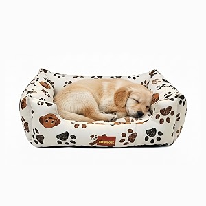 sitsnooze medium dog bed 5 to 10kg for beagle pug french bulldog - extra soft washable lounger cushion orthopedic mattress waterproof anti-slip base luxury cotton pet bed beige printed m