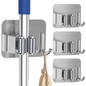 sittella 4 pieces stainless steel 1 rack with 1 hook heavy duty wall mounted broom and mop stick holder hanging tools for home kitchen garden laundry garage silver