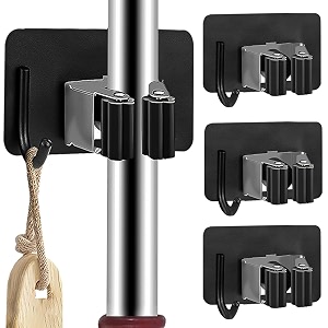 sittella 4 pieces stainless steel 1 rack with 1 hook heavy duty wall mounted broom and mop stick holder hanging tools for home kitchen garden laundry garage black