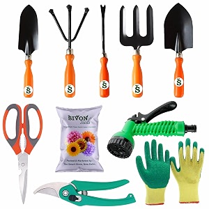 sivon gardening tools kit-10 pcs fork cultivator big trowel small trowel weeder garden pruner garden scissor gardening gloves green water spray gun flower seeds packet