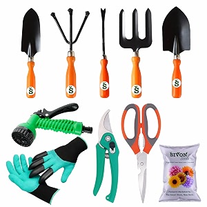 sivon gardening tools kit-10 pcs fork cultivator big trowel small trowel weeder garden gloves with claws pruner garden scissor water spray gun flower seeds packet
