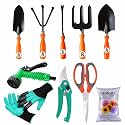 SIVON Gardening Tools Kit-10 Pcs (Fork, Cultivator, Big Trowel, Small Trowel, Weeder, Garden Gloves with Claws, Pruner, Garden Scissor, Water Spray Gun, Flower Seeds Packet)