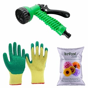 sivon gardening tools kit-3 pcs gardening gloves green water spray gun flower seeds packet  durable gardening tools  home gardening tool kit  terrace gardening accessories