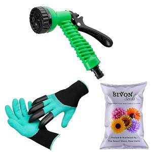 sivon gardening tools kit-3 pcs garden gloves with claws water spray gun flower seeds packet  durable gardening tools  home gardening tool kit  terrace gardening accessories