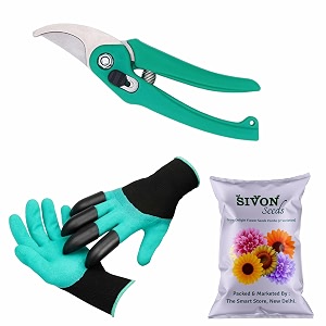 sivon gardening tools kit-3 pcs garden gloves with claws garden pruner flower seeds packet  durable gardening tools  home gardening tool kit  terrace gardening accessories