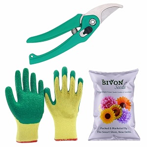sivon gardening tools kit-3 pcs garden pruner gardening gloves green flower seeds packet  durable gardening tools  home gardening tool kit  terrace gardening accessories