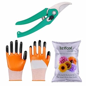 sivon gardening tools kit-3 pcs garden pruner gardening gloves orange flower seeds packet  durable gardening tools  home gardening tool kit  terrace gardening accessories