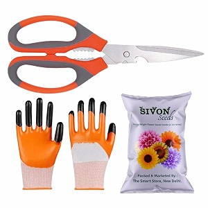 sivon gardening tools kit-3 pcs garden scissor gardening gloves orange flower seeds packet  durable gardening tools  home gardening tool kit  terrace gardening accessories