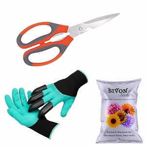 sivon gardening tools kit-3 pcs garden gloves with claws garden scissor flower seeds packet  durable gardening tools  home gardening tool kit  terrace gardening accessories