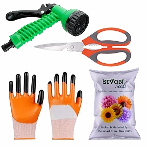 sivon gardening tools kit-4 pcs garden scissor gardening gloves orange water spray gun flower seeds packet  durable gardening tools  home gardening tool kit
