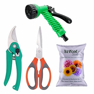 sivon gardening tools kit-4 pcs garden pruner garden scissor water spray gun flower seeds packet  durable gardening tools  home gardening tool kit  terrace gardening accessories