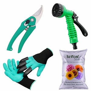 sivon gardening tools kit-4 pcs garden gloves with claws garden pruner water spray gun flower seeds packet  durable gardening tools  home gardening tool kit